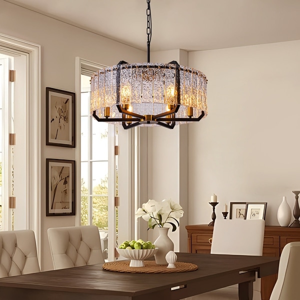 25 in. Black Modern Chandelier 6 Light Drum Pendant Light Water Ripple Glass Ceiling Lighting for Kitchen Island Dining Room On Sale Bed Bath Beyond 40193000