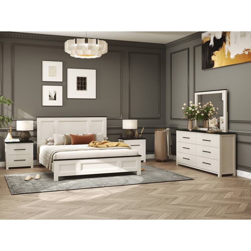 Roundhill Furniture Realynn 5-Piece Wood Bedroom Set, Panel Bed with Dresser, Mirror, and 2 Nightstands, Off-White Finish