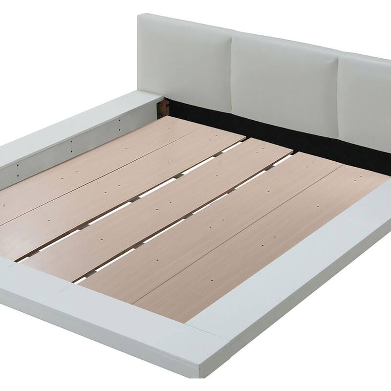 Low Profile Bed with Padded Fabric Headboard Design in White