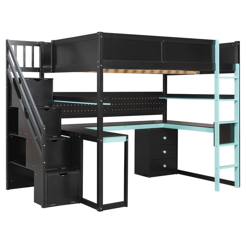 Full Size Wooden Gaming Loft Bed with Storage Stairs, Desk, Shelves & Pegboard