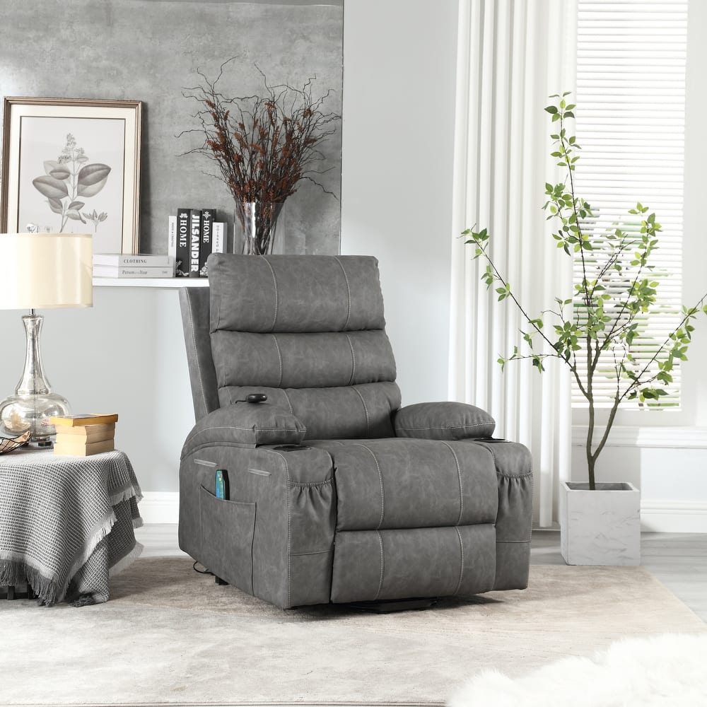 PU Leather Power Lift Recliner, Electric Recliner with Heating & Massage, Massage Chair with Side Pockets & Cup Holders