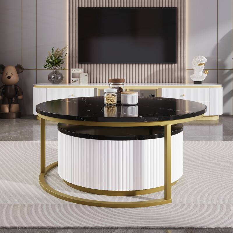 Modern Round Nesting Coffee Table Fluted with Drawer