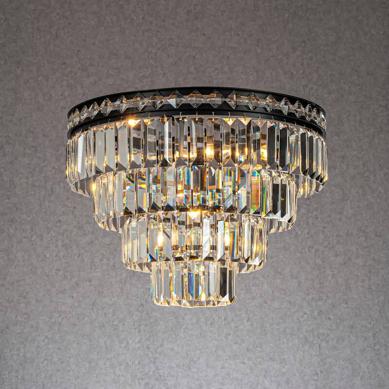CraftHome 18'' Modern Classic Crystal Flush Mount With Matte Black Finish 4-Light Tiered Ceiling Light For Dining Room Bedroom - W18'' - Matte Black