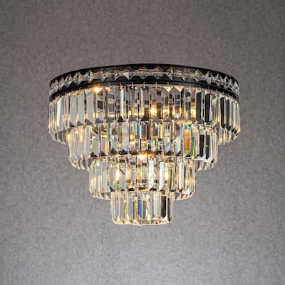 CraftHome 18'' Modern Classic Crystal Flush Mount With Matte Black Finish 4-Light Tiered Ceiling Light For Dining Room Bedroom