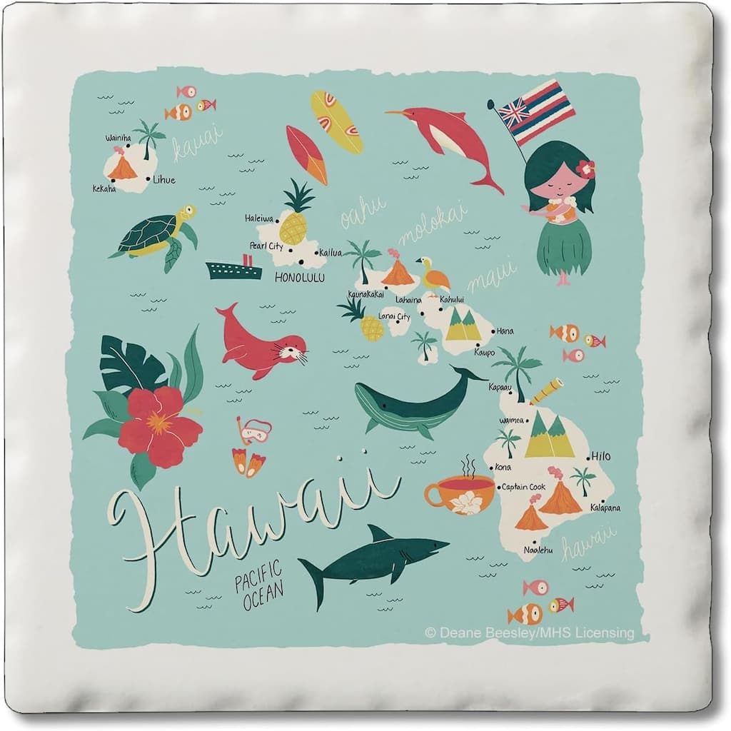 Hawaii Home 4-Pack Absorbent Stone Coasters with Protective Cork Backing 4" Square Made in The USA Artistic Easily Wipes Clean