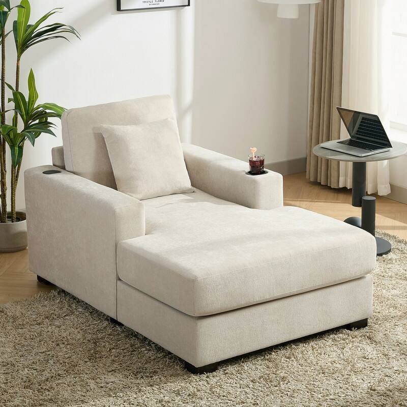 Chenille Fabric Oversized Chaise Lounger, 39.7''/43.5''/55'' Chair Bed Sofa Couch with Pillows, Charge Station & Cup Holders