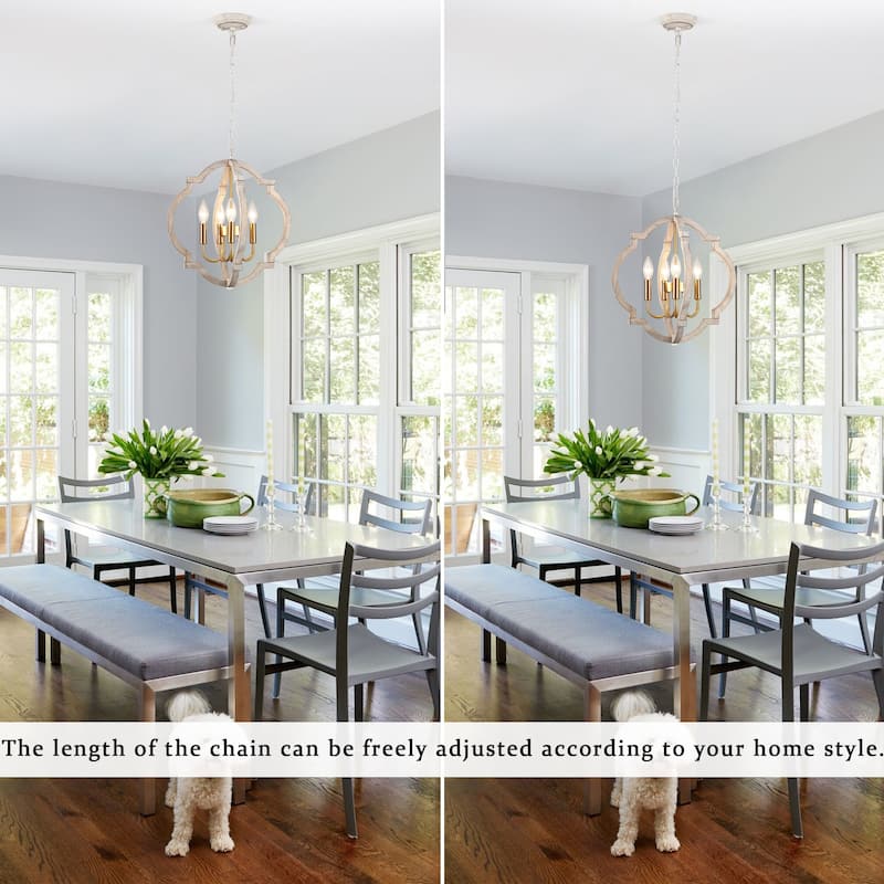 4-Light 16.33"W Wooden Lantern Rustic Chandeliers for Dining Room Kitchen