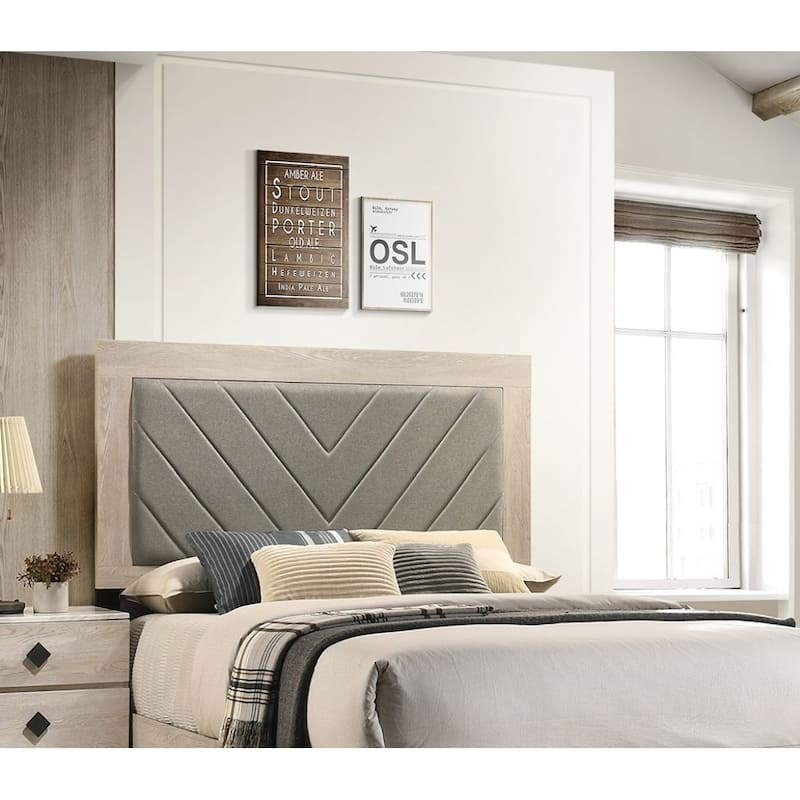 Queen Size Rubberwood Upholstered Platform Bed Frame with V-Shaped Fabric Headboard