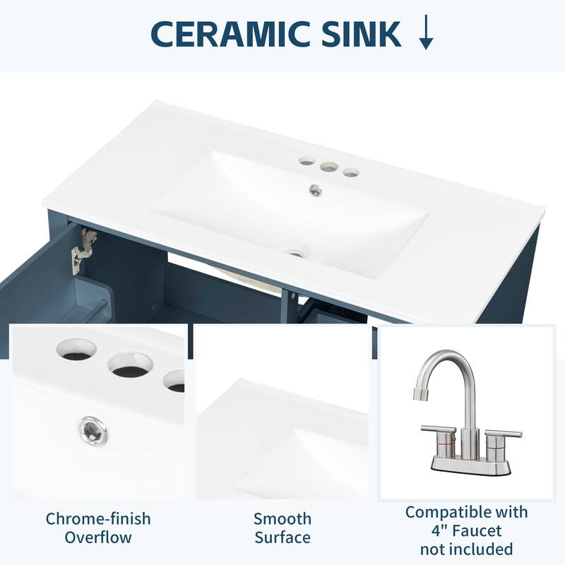 36" Bathroom Vanity with Ceramic Sink - MDF & Solid Wood Base, 3 Drawers & Storage Cabinet, Freestanding Design, 4" Faucet Holes