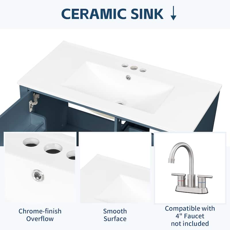 36" Freestanding Bathroom Vanity with Ceramic Sink, Solid Wood & MDF Cabinet, 3 Drawers & Shelves, Painted Finish