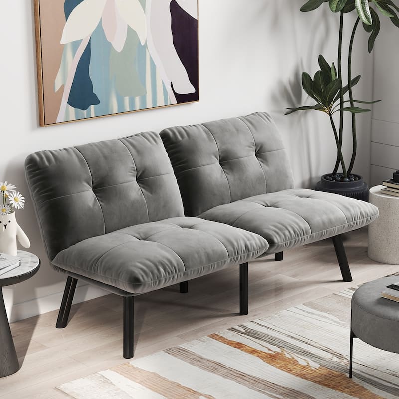 2-Seater Velvet Sleeper Sofa with Adjustable Backrest, Lounge Chair Bed with Foam Cushions, Portable Fold Out Chair Bed - Gray