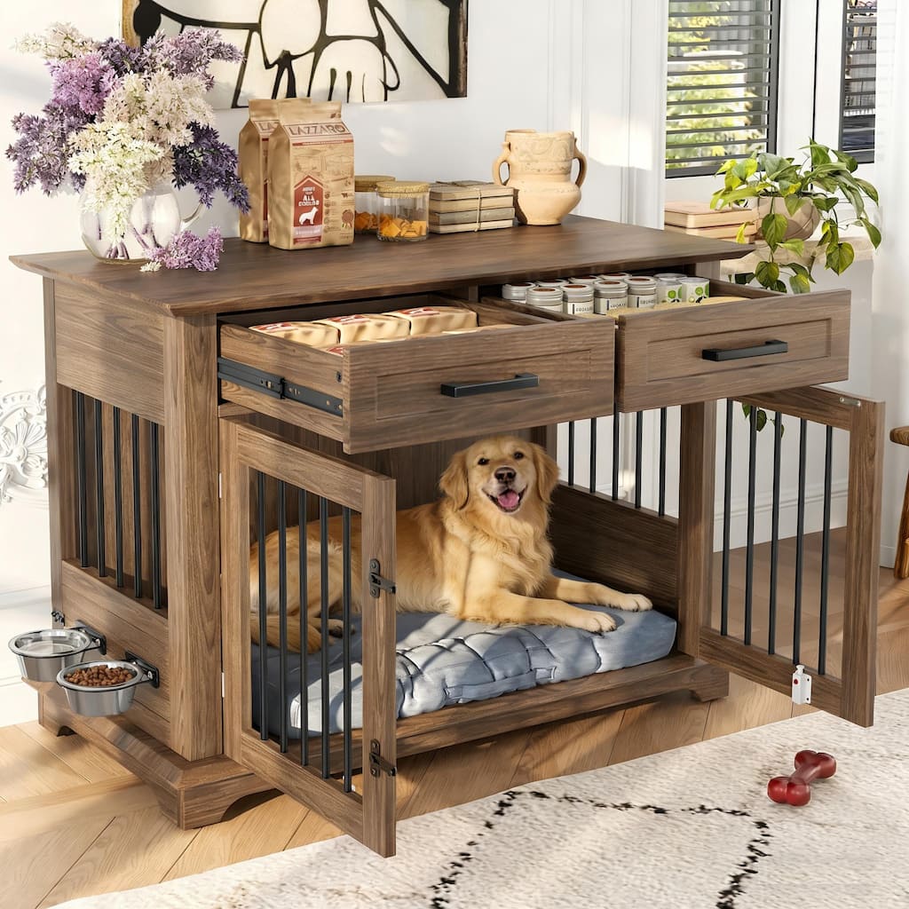 44.48" Large Indoor Dog Crate Furniture - Wooden Kennel End Table with 2 Drawers & Rotating Bowls