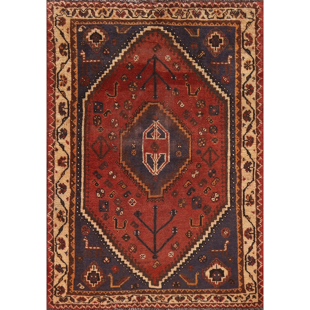 Qashqai Persian Vintage Area Rug Hand-knotted Wool Carpet - 3'7"x 5'0"