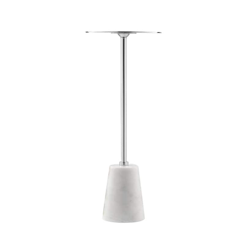 Sen 21 Inch Drink Side End Table, Cone White Marble Base, Chrome Metal Top