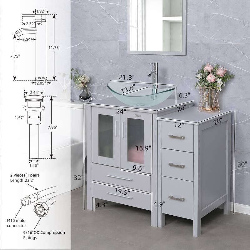 36" Bathroom Vanity Sink Gray Set with Side Cabinet Vessel Sink Faucet Combo