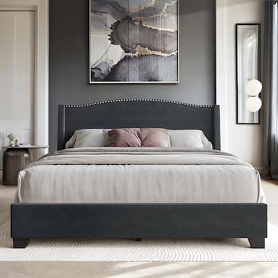 CraftPorch Elegant Chrome Nailhead Wingback Upholstered Bed with Drawers