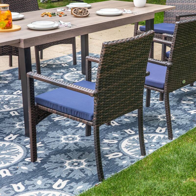 7/9-piece Patio Dining Set, Expendable Rectangular Outdoor Dining Table with Rattan Chairs