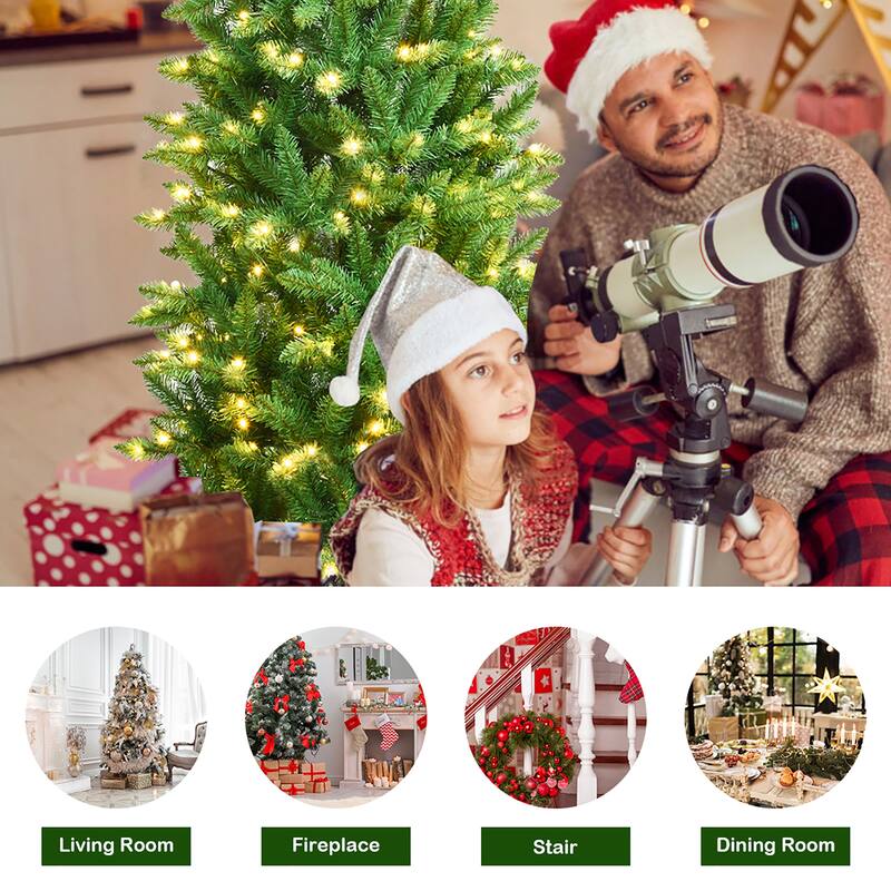 Costway 5/6/7 Ft Pre-lit Artificial Pencil Christmas Tree Hinged Fir