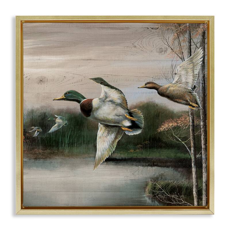 Stupell Flying Ducks in Rustic Nature Framed Floater Canvas Wall Art Design By Ruane Manning - 25 x 25 - Gold