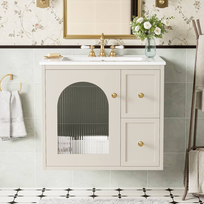24" Wall-Mounted Bathroom Vanity with Ceramic Sink Combo, Floating Bathroom Storage Cabinet with Glass Doors & 2 Drawers - Beige - 24 Inch