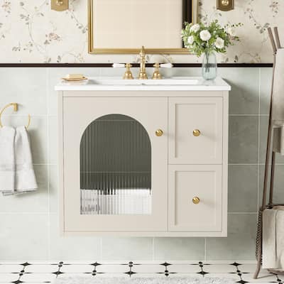 24-Inch Wall-Mounted Bathroom Vanity Set‌ – Space-Saving Cabinet with Ceramic Sink, 2 Drawers & 1 Soft-Close Door.