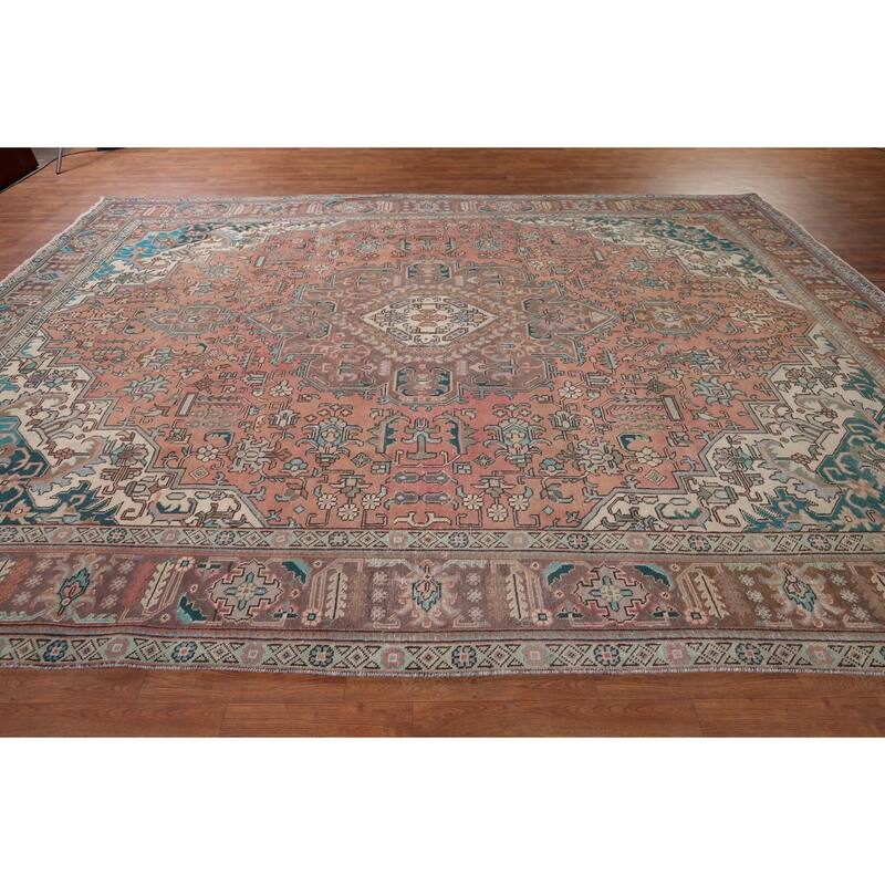 Tabriz Vintage Persian Rug Hand-Knotted Pink Geometric Wool Carpet - 9'9" x 13'4"