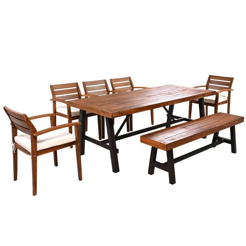 Outdoor Wood Dining Set For 7-8 Person with Removable Cushions, Ergonomic Chairs & Bench