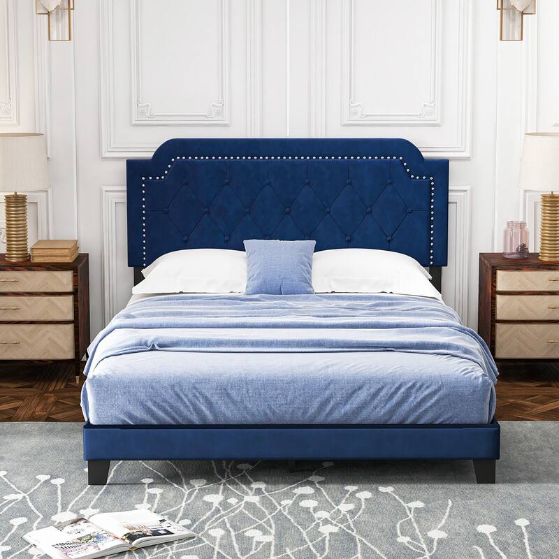 Gymax Queen Size Velvet Platform Bed w/ Button Tufted & Nailhead Trim
