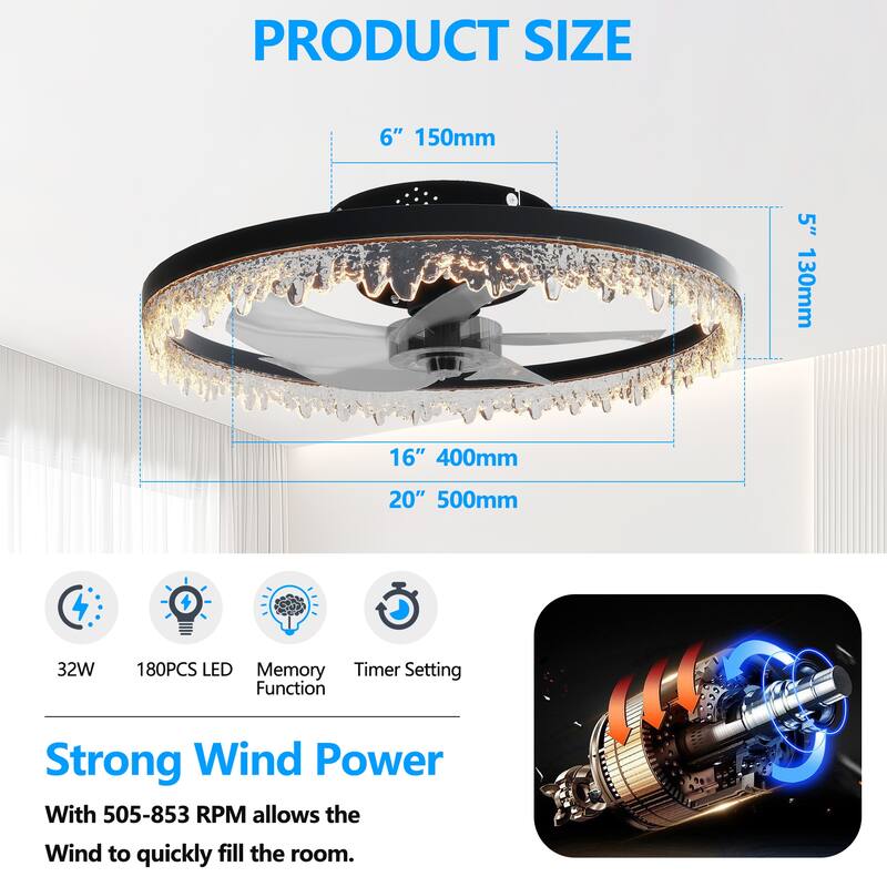 LunaDrift 16"20"24" Modern Black Crystal Smart Flush Mount Ceiling Fan with Light, Dimmable Bedroom Ceiling Fan w/Remote