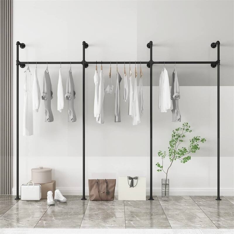 Industrial Pipe Clothing Rack On Wall - 9.8"D x 76"W x 85.5"H