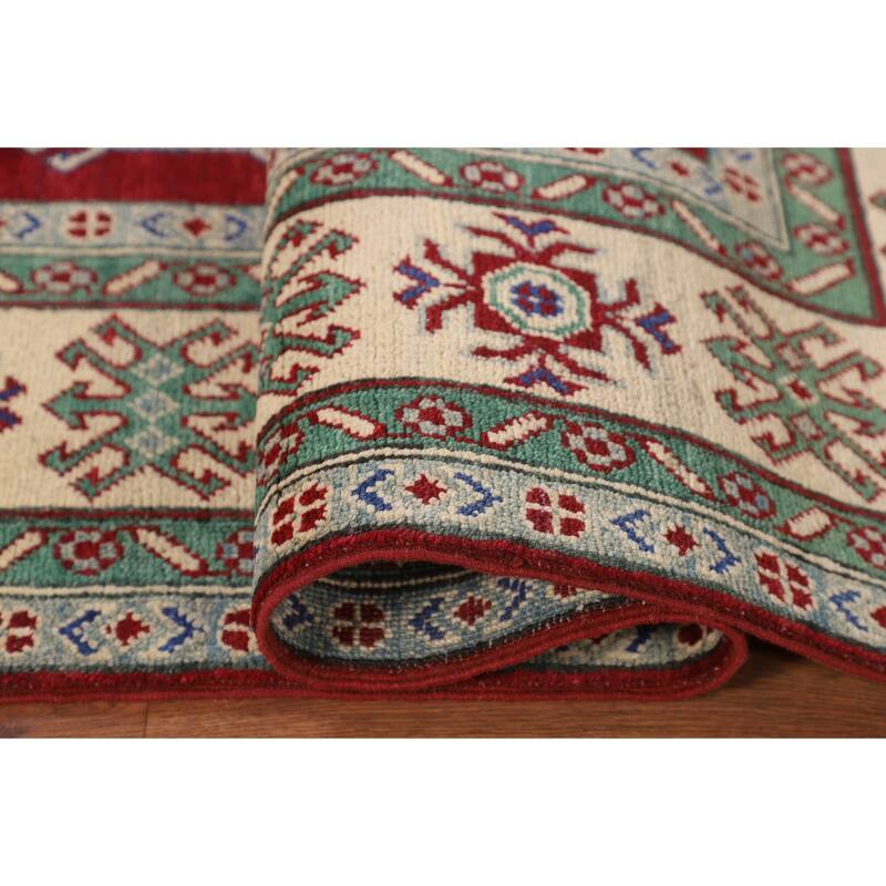 Red Geometric Kazak Oriental Area Rug Hand-Knotted Wool Carpet - 5'8" x 8'4"