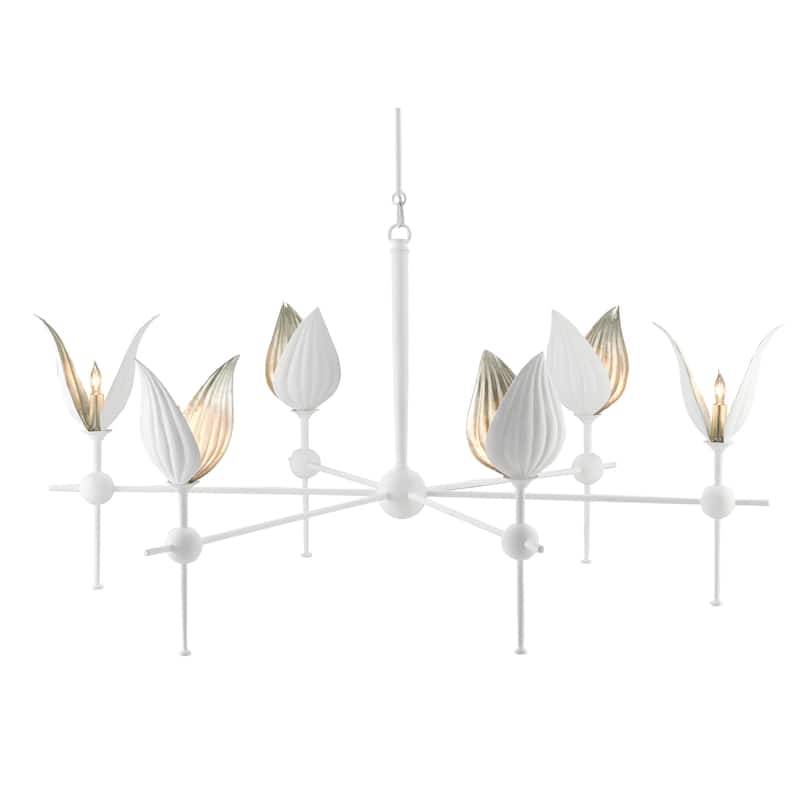 Currey & Company Peace Lily Chandelier - 23.75"h x 47"dia - 23.75"h x 47"dia - Gesso White/Silver Leaf