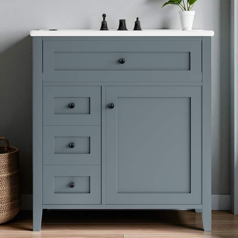30-Inch Bathroom Vanity with Sink, MDF and Solid Wood Cabinet, 3 Drawers and Adjustable Shelf, Freestanding Design - Blue Gray