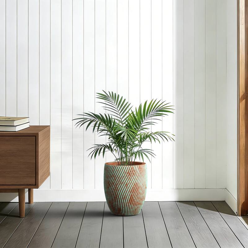 Concrete Tall Round Planter with Teal Stripes with Drainage Holes