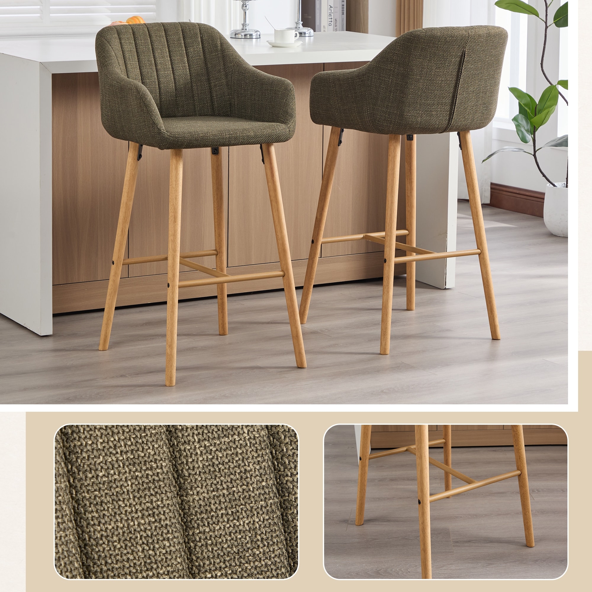 Modern Bar Stools Set of 2 with Back, Arm & Footrest, Linen Upholstered Kitchen Island Chairs