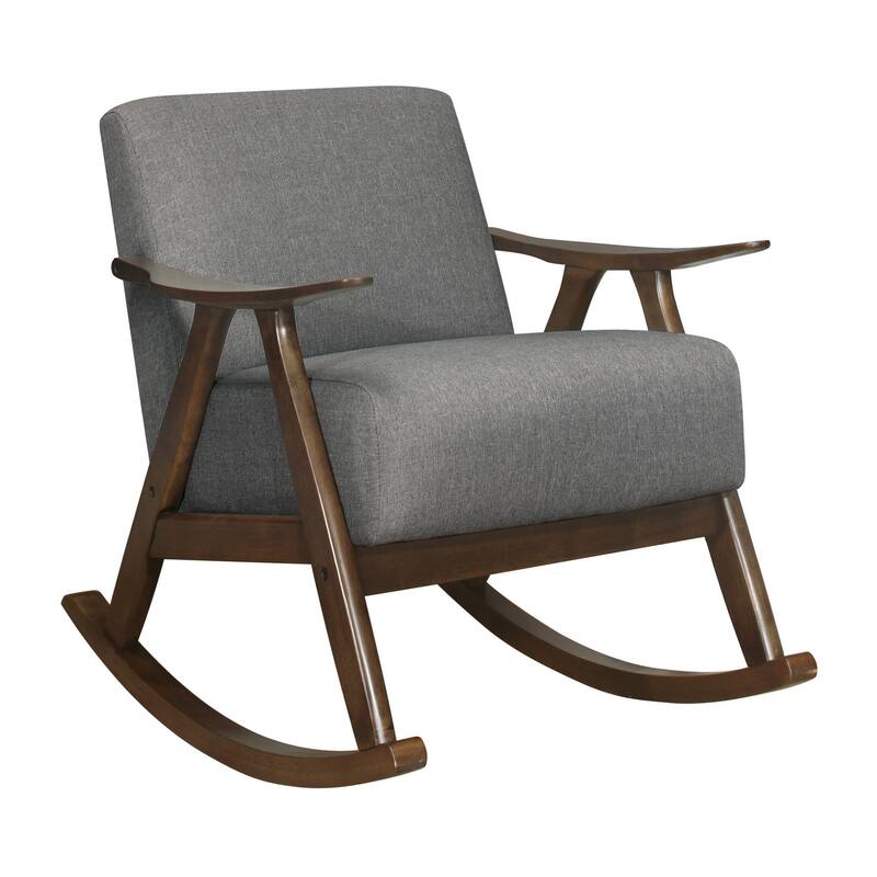 Tim 37 Inch Rocking Armchair, Gray Polyester, Walnut Brown Solid Wood