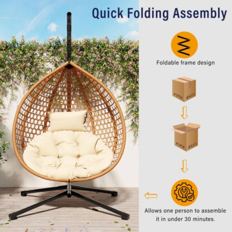 Hammock Chair with Stand - Durable Rattan Egg Chair, Indoor/Outdoor Swing with Removable Cushion for Balcony, Garden