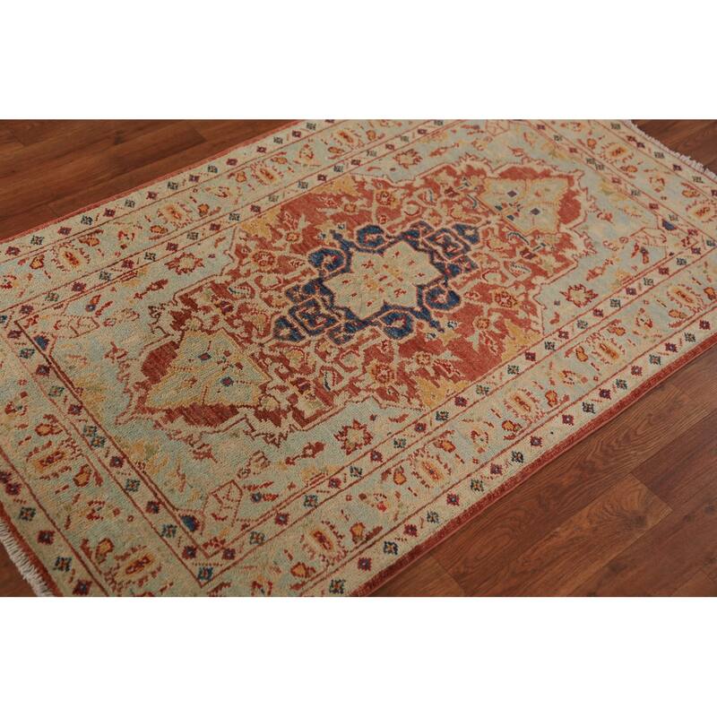 Geometric Heriz Serapi Vegetable Dye Accent Rug Handmade Wool Carpet - 3'0"x 4'10"