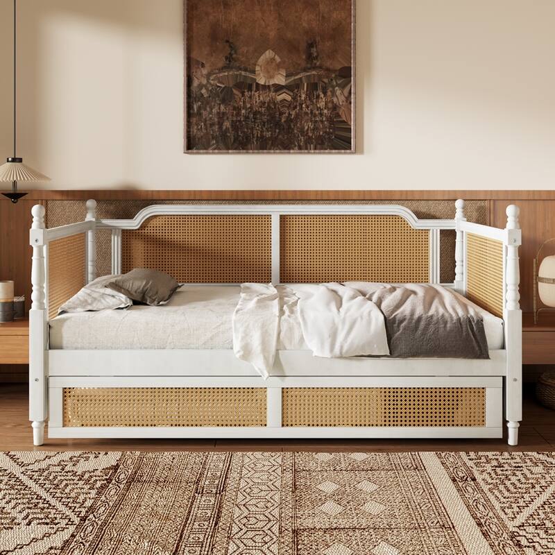 Wooden Rattan Daybed with 2 Drawers or Trundle