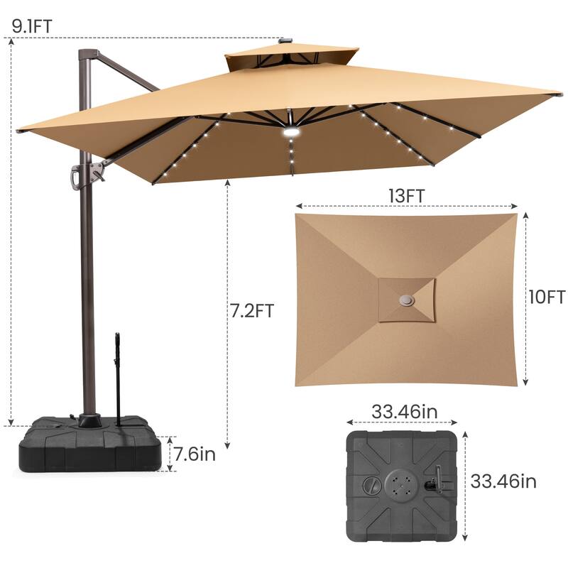 13 x 10 FT Double Top Solar powered LED Patio Cantilever Umbrella Aluminum with Base