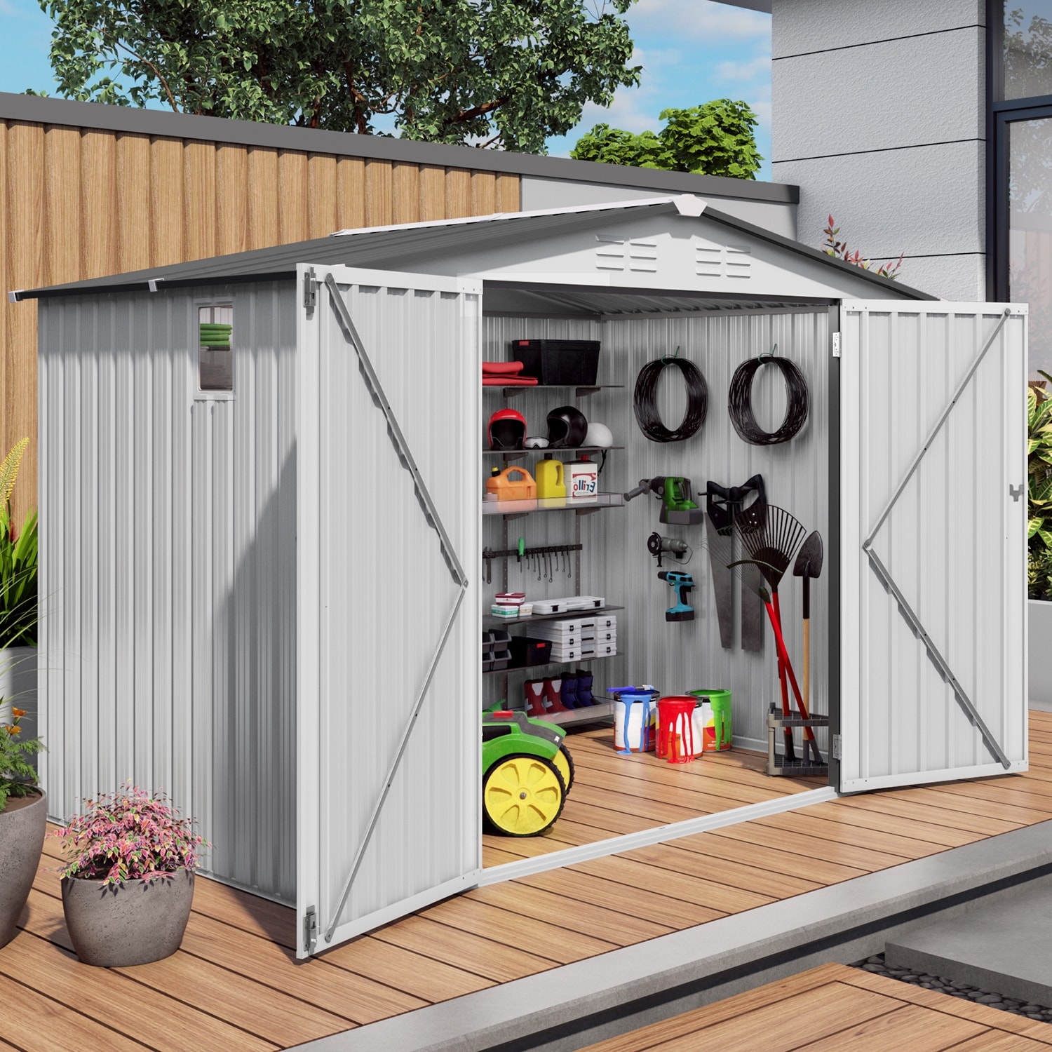 8x6 FT Metal Outdoor Garden Storage Shed,Tool Shed with Pitched Roof Waterproof with 1 Window and 2 Lockable Door,White & Gray