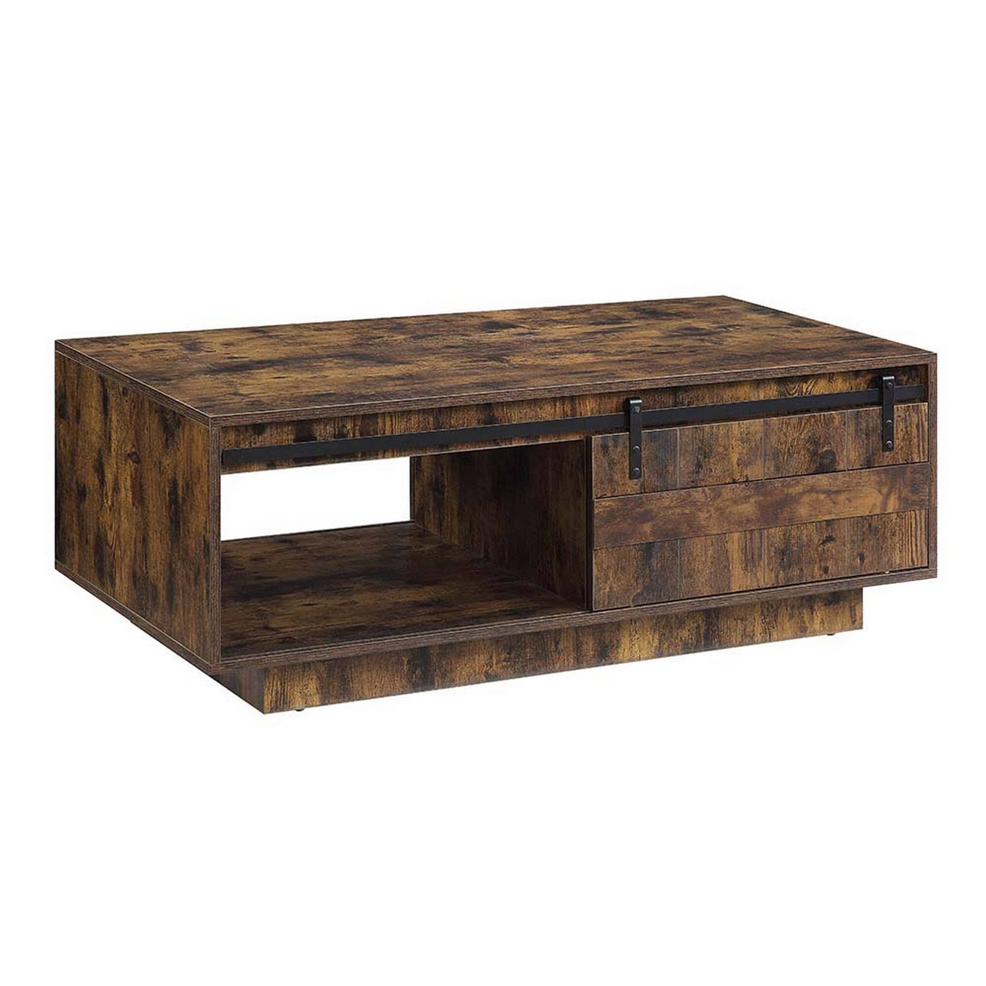 Rick 47 Inch Rustic Oak Coffee Table, Sliding Barn Door, Single Drawer