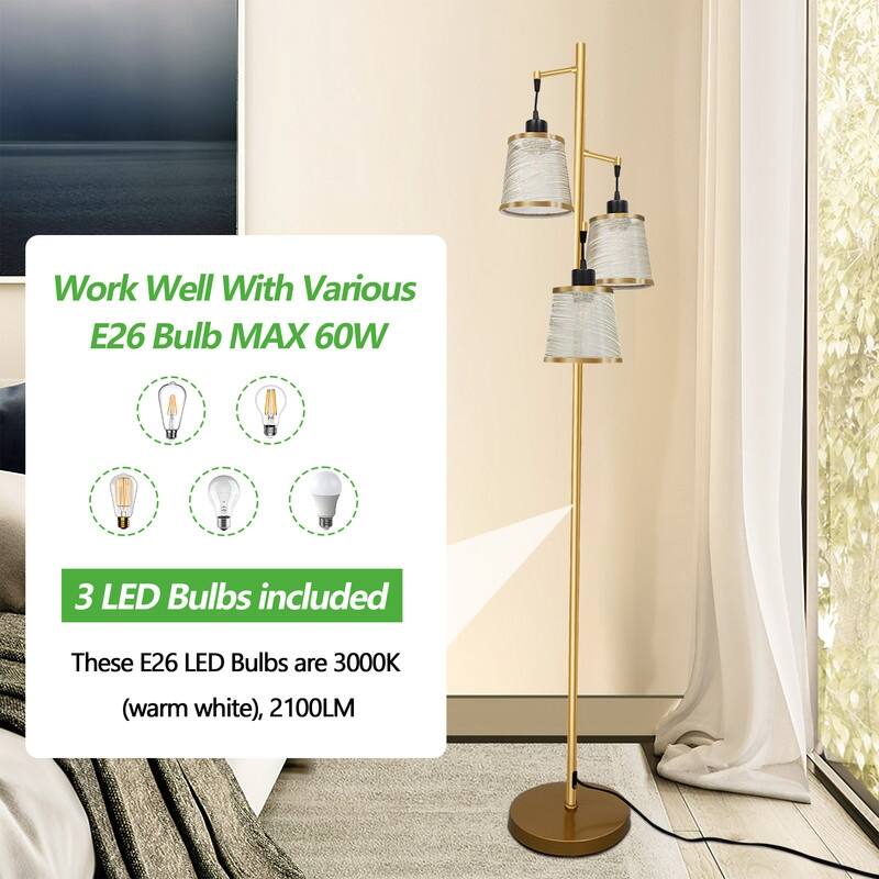 Modern 3-Light Tree Floor Lamp With Acrylic Shades, Antique Brass Standing Lamp For Living Room & Bedroom