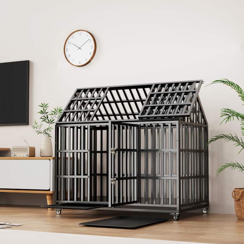 52" Crate Large Dog Cage with 4 Lockable Wheels and Removable Bottom Tray, Metal Dog Crate with Top Opening - Black