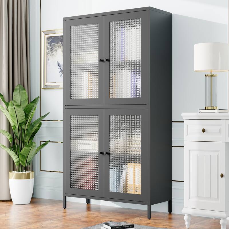 Classic Metal Storage Cabinet Display Cabinet with 4 Glass Doors 4 Shelves Cabinet Bookcase Side Cabinet - Black