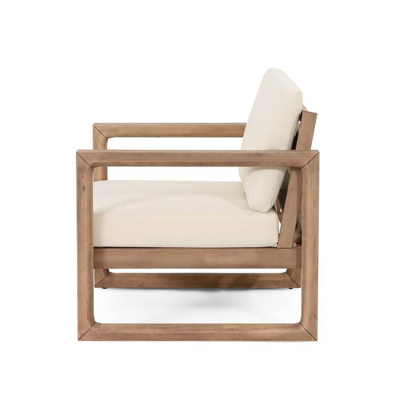 Roomfitters Set of 2 Outdoor Acacia Wood Club Chairs with Waterproof Cushions, Deep Seating for Patio or Porch, Brown+Beige