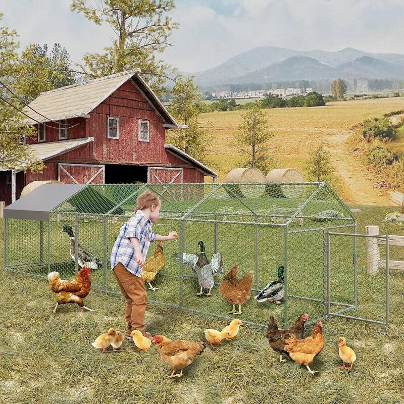 4 Doors Outdoor Large Metal Chicken Coop with Waterproof Anti-UV Cover for Rabbit Duck