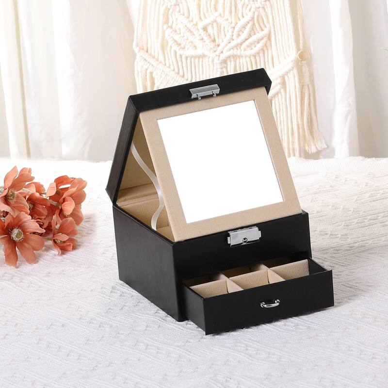 2 Layer Jewelry Box with Mirror for Women Girls Gifts, PU Leather Jewelry Organizer Case Storage Display Holder with Drawer