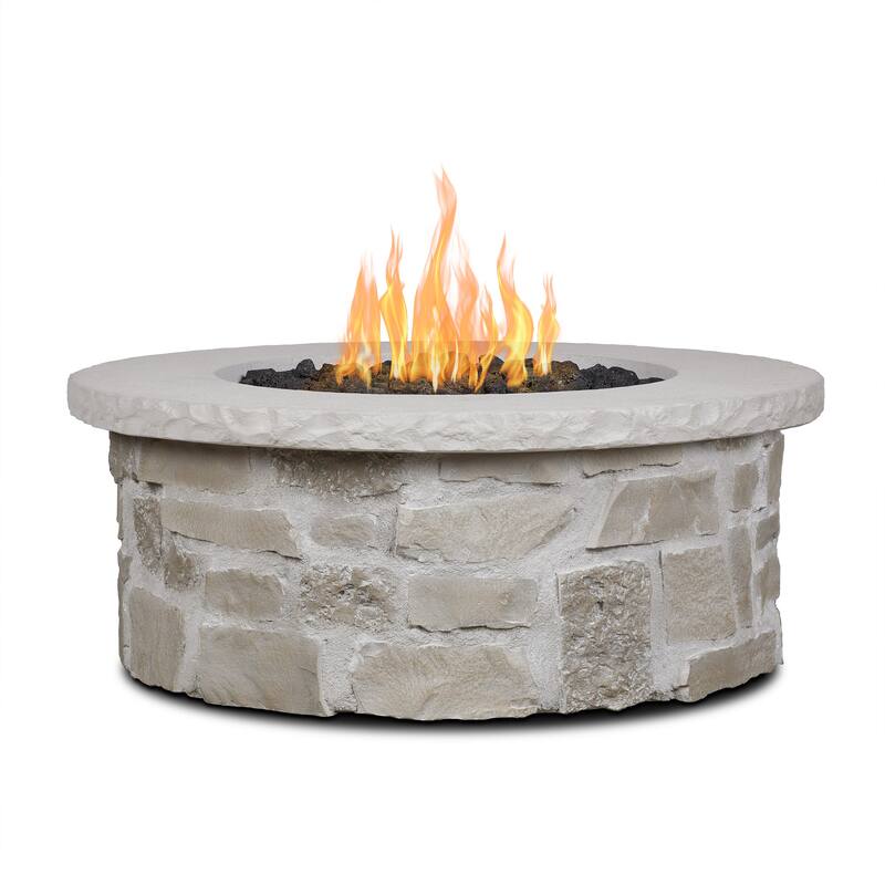 Scottsdale 40" Round Stone Propane Fire Pit Table in Beige by Real Flame