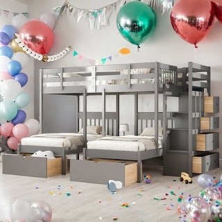 Modern Full Over Twin&Twin Triple Bunk Bed with Drawers and Guardrails,Solid Construction for Kids